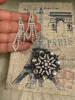 2 Piece Silver Crystal Drop Earrings and matching brooch
